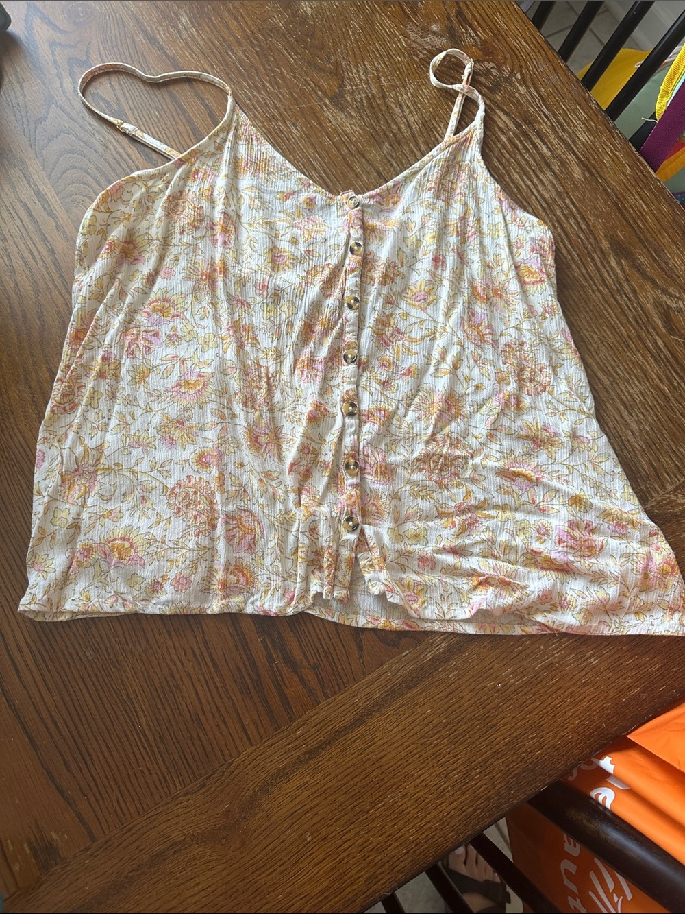 Billabong Floral Button-Front Cami in White with Pink and Yellow